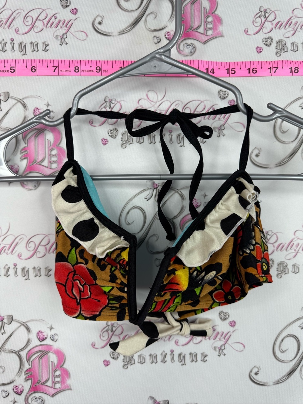 jf Bikini tattoo top Floral Polka Dot Tie-Back Bikini Top - Black, Red, Yellow